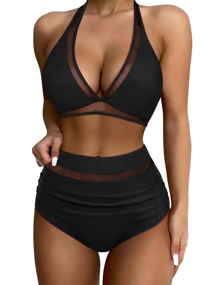 Bikini a vita alta costume da bagno Push Up Sexy donna costumi da bagno neri costumi da bagno con controllo della pancia costume da bagno regolabile