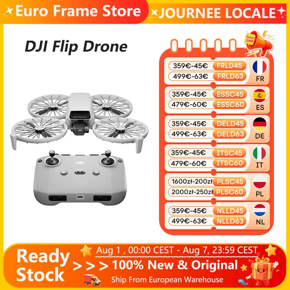 DJI Flip Drone DJI con fotocamera Flip, videocamera 4K UHD, meno di 3 kg, stabilizzazione a 3 assi, trasmissione video fino a 13 km, originale