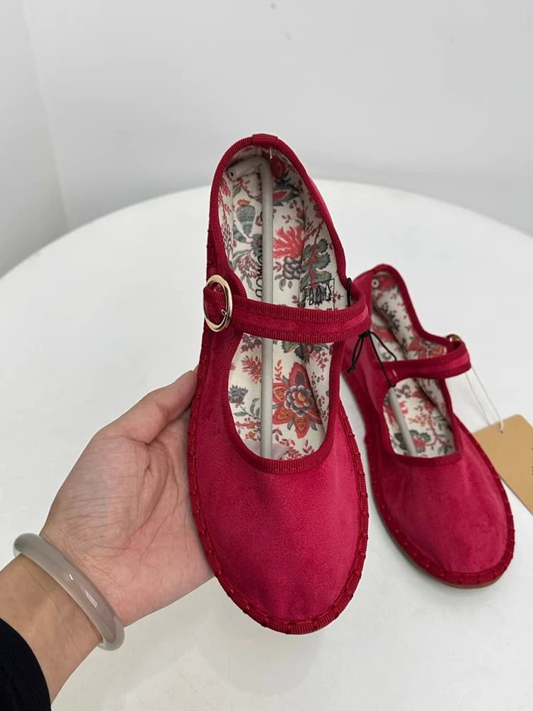 Scarpe basse in stoffa fatte a mano Scarpe da donna morbide e confortevoli in velluto rosso Mary Janes Scarpe con sottopiede con stampa floreale