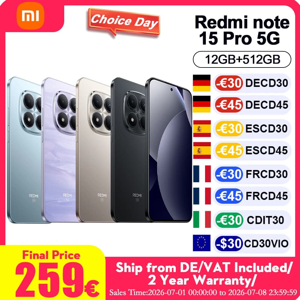 Versione Globale REDMI Note 15 Pro 5G 12+512GB, Display AMOLED CrystalRes da 6.8'' 1.5K, Nuova Batteria Massiccia da 6580mAh, Fotocamera da 200MP con