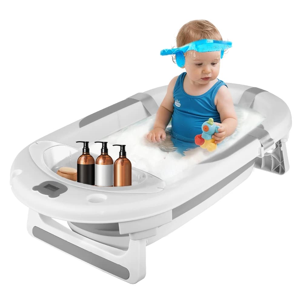Vaschetta da bagno per neonati, design pieghevole, termometro integrato, cuscino da bagno morbido, piedini antiscivolo, tappo di scarico, include