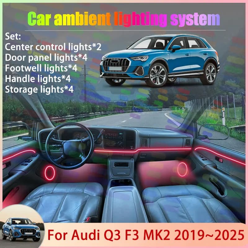 Per Audi Q3 F3 MK2 2019 ~ 2025 2020 2021 2022 2023 2/18 in 1 Auto Atmosfera Lampada Della Luce RGB Ombra Ensemble Streamer Atmosfera Set