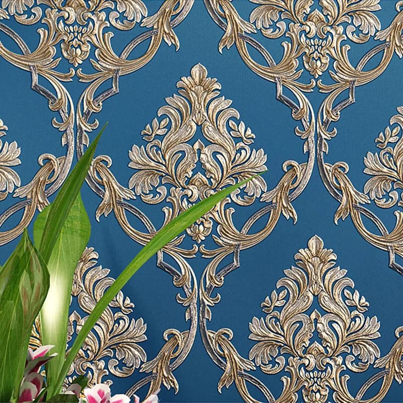 Carta da Parati 3D Stile Europeo Damascato, Adesivi Murali per Camera da Letto, Decorazione Casa, Blu Lussuoso e Semplice, Carta da Parati Non Tessuta