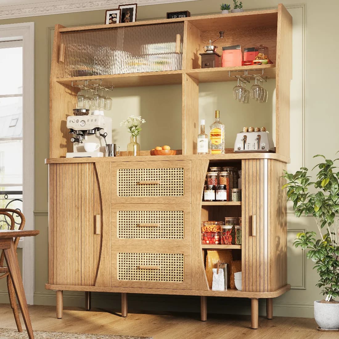 Mobile Buffet Premium con Effetto Rattan e Ante Scorrevoli in Vetro, Armadio Alto da Cucina con Ripiani, Cassetti e Portabicchieri, Finitura in Legno