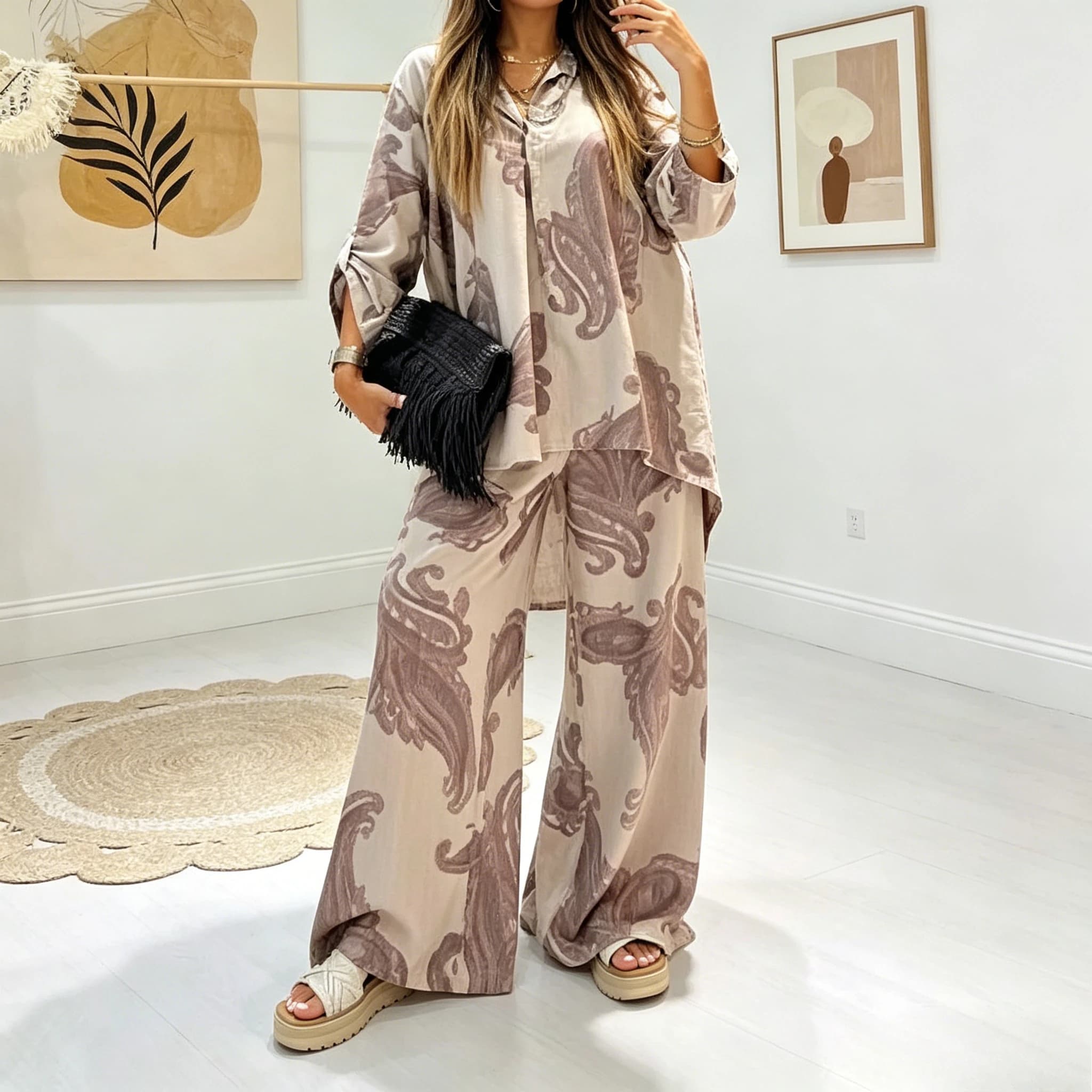 Completo Pantalone Donna Due Pezzi con Colletto Risvoltato, Maniche Lunghe, Top Casual Largo e Pantaloni a Gamba Larga a Vita Alta, Stile Y2K