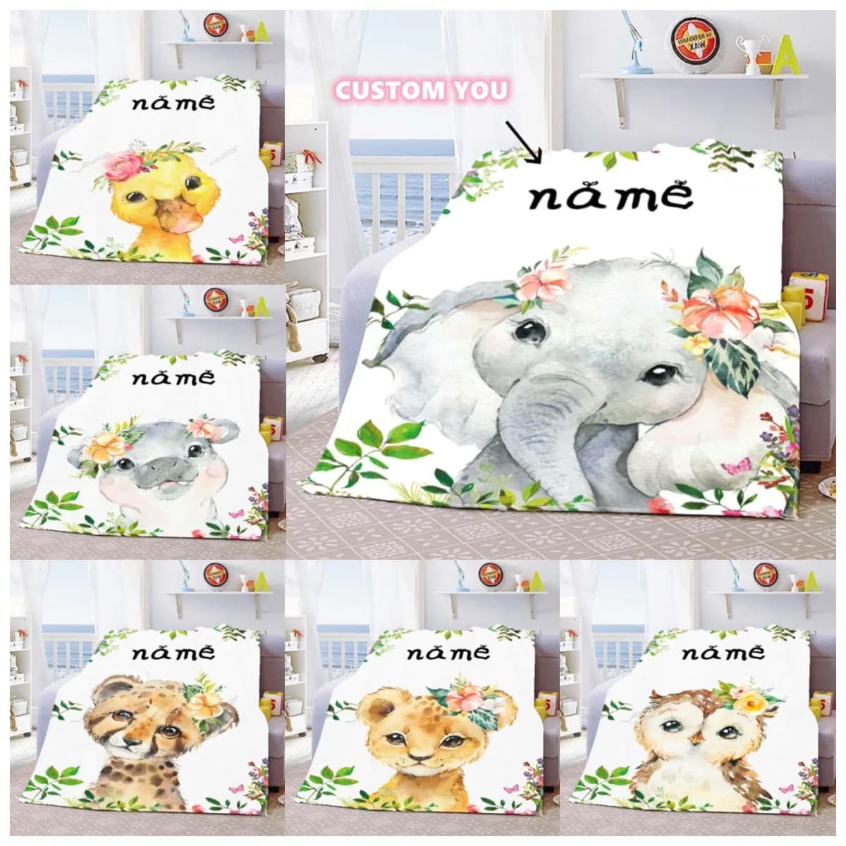 Coperte in morbida flanella con nome personalizzato, coperta personalizzata, simpatico animale cartone animato, neonata, ragazzo, bambini, regali