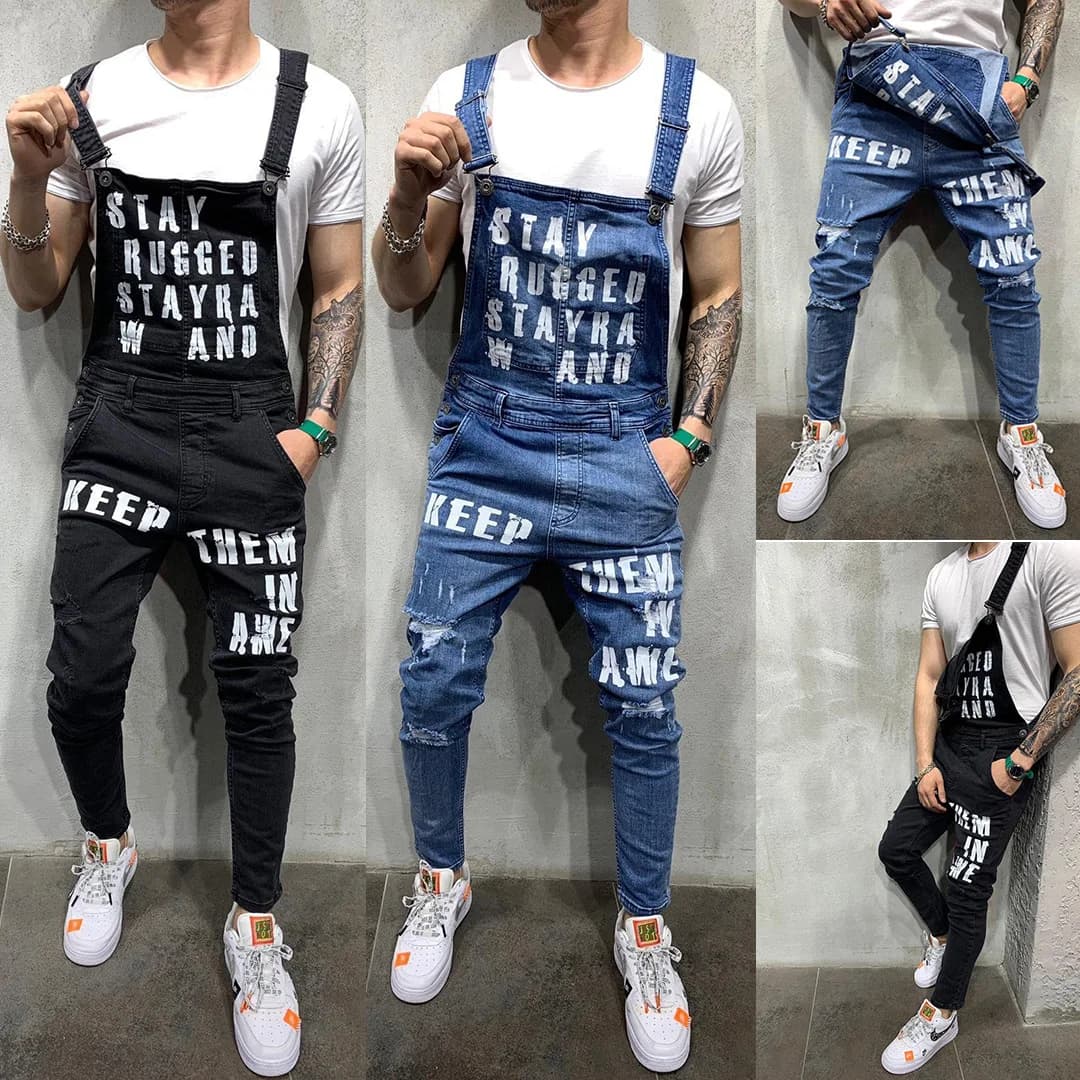 Bretelle da uomo Tuta di jeans Lettere Pantaloni di jeans Salopette di moda Jeans stampati in denim strappato da uomo Streetwear