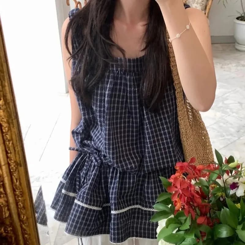 Estate Blu Chic Senza Maniche Baech Magliette e camicette Delle Donne Y2k A Pieghe A Gingham Colletto Quadrato Maglia Giapponese Plaid Del Merletto