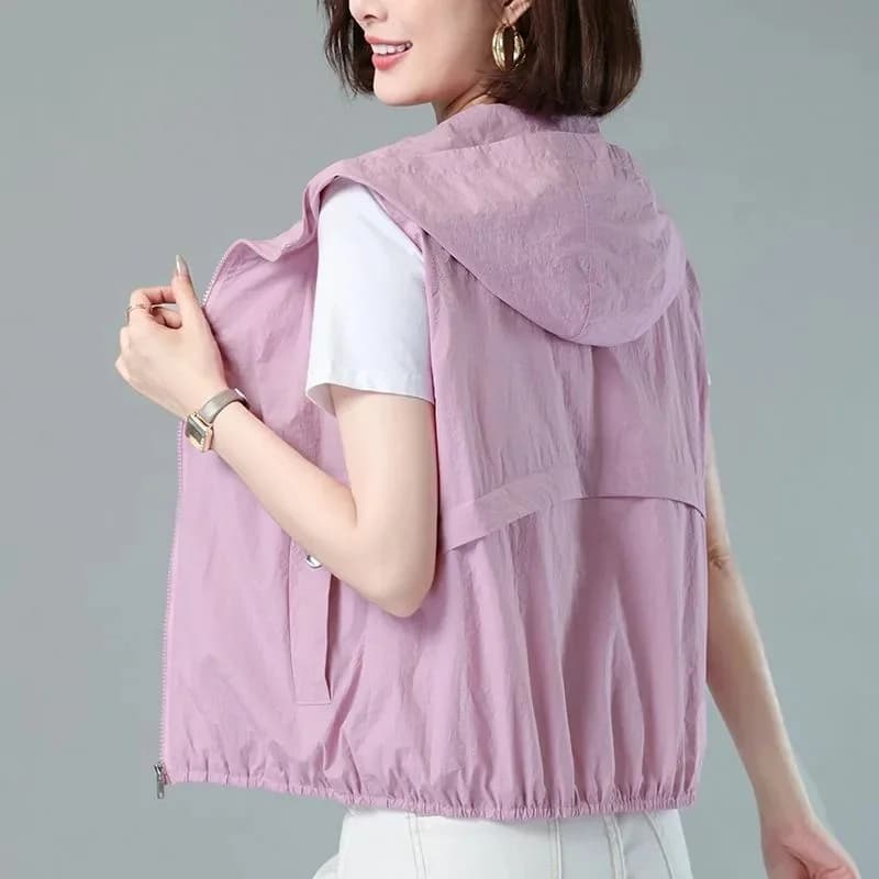 Primavera estate sottile con cappuccio protezione solare gilet giacca da donna nuova cerniera giacca corta senza maniche Casual femminile top Chaleco