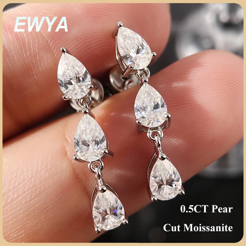 EWYA Taglio a pera 3 pietre Full 3EX Moissanite Orecchini pendenti corti pendenti per le donne s925 Argento Orecchino a goccia Regalo gioielli per