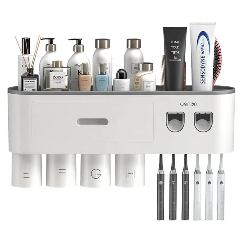 Dispenser Automatico di Dentifricio con Supporto Magnetico Invertito per Spazzolini e Bicchiere, Set Portaoggetti da Bagno