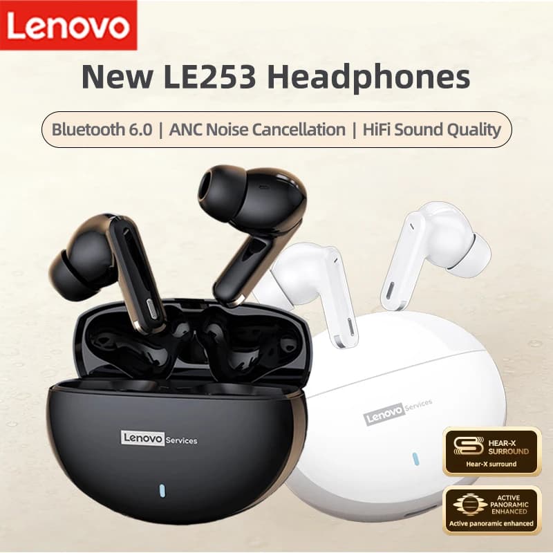 Lenovo LE253 Cuffie wireless Bluetooth 6.0 TWS HiFi Sound ANC Auricolari con riduzione del rumore Auricolari sportivi da gioco con microfono Nuovo