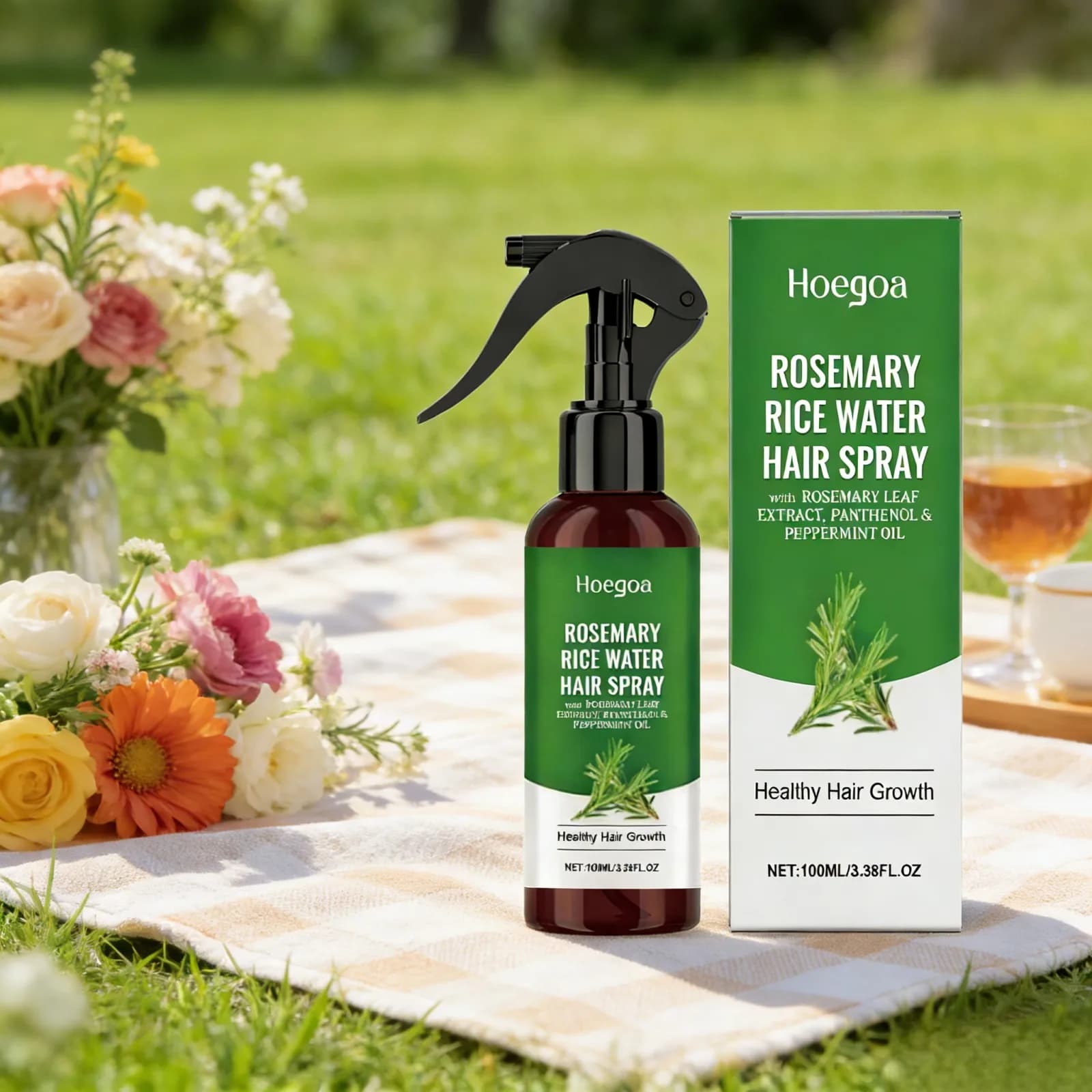 Spray per la Crescita dei Capelli al Rosmarino e Acqua di Riso, Siero Rinforzante per Radici con Olio di Menta Piperita per il Trattamento della