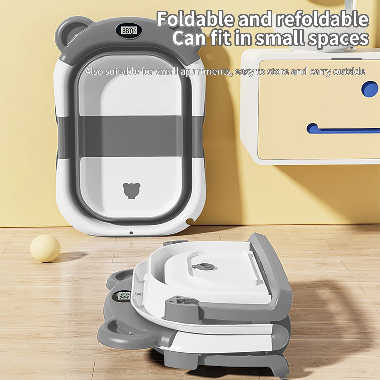 Vasca da bagno per neonati pieghevole in silicone Vasca da bagno ecologica per bambini Termometro con cuscino morbido Rilevamento digitale della