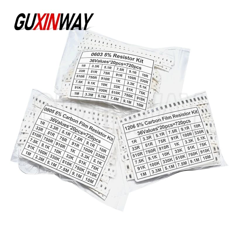 10/20/33/36/60/80 valori 1K 10K 20K 100K 100 200 220 ohm 0402 0805 0603 1206 2512 1210 Kit resistore SMD Kit assortito Kit campione