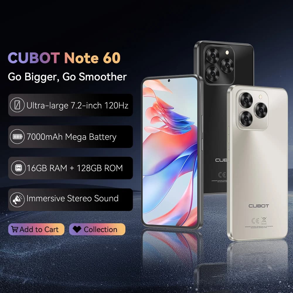 Smartphone Cubot Note 60, Android 15, display da 7,2 pollici 120 Hz, Octa-core, 16 GB (6 + 10 GB) RAM 128 GB ROM, fotocamera da 48 MP, batteria da