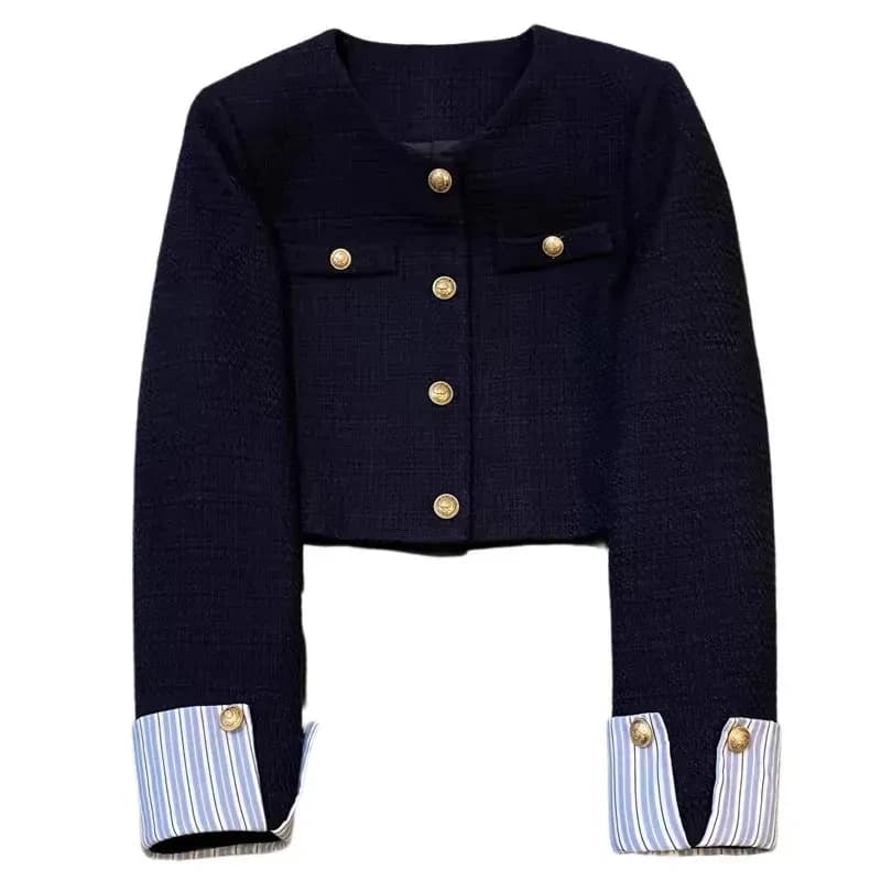Giacca blazer blu navy da donna, stile elegante e raffinato, nuova collezione primavera autunno 2026, con scollo rotondo, design alla francese con