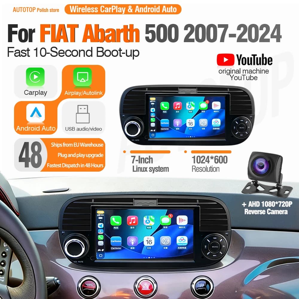Autoradio AUTOTOP 7" per Fiat 500 500C 2007-2015, unità principale stereo con CarPlay wireless, Android Auto, SWC, FM, ventola di raffreddamento,