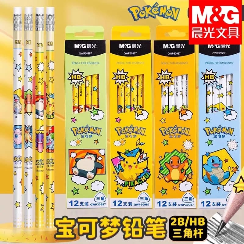 M&G Pokemon Triangolo co-branded Matita in legno Matite HB di sicurezza per studenti, matite con gomma, cancelleria per studenti