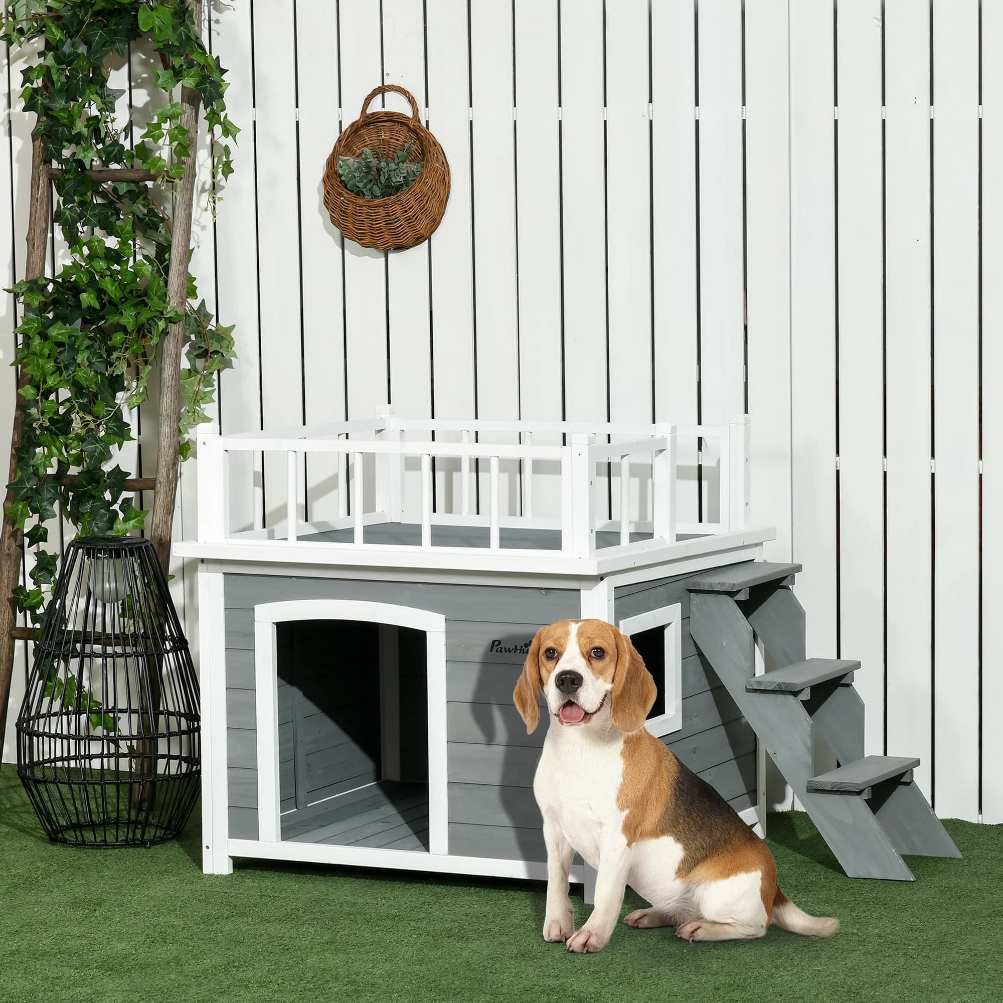 Cuccia per cani PawHut con balcone, Cuccia rialzata per animali di piccola taglia con scale e finestra, Cuccia a grotta per cani di taglia media