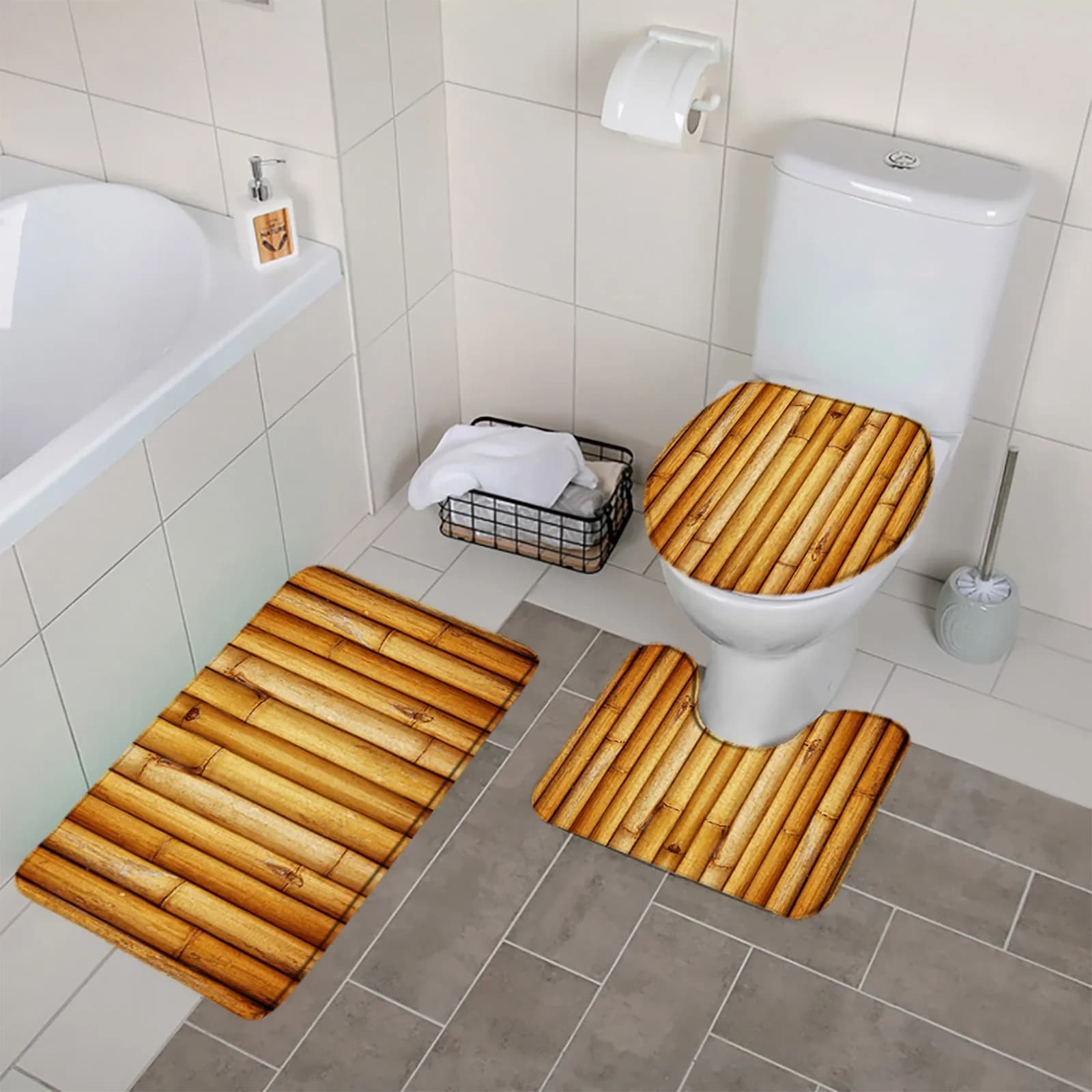 Set di tappetini da bagno in bambù da 3 pezzi Porta del fienile rurale Grana del legno Tappeti da doccia vintage Tappeto Copriwater Copriwater