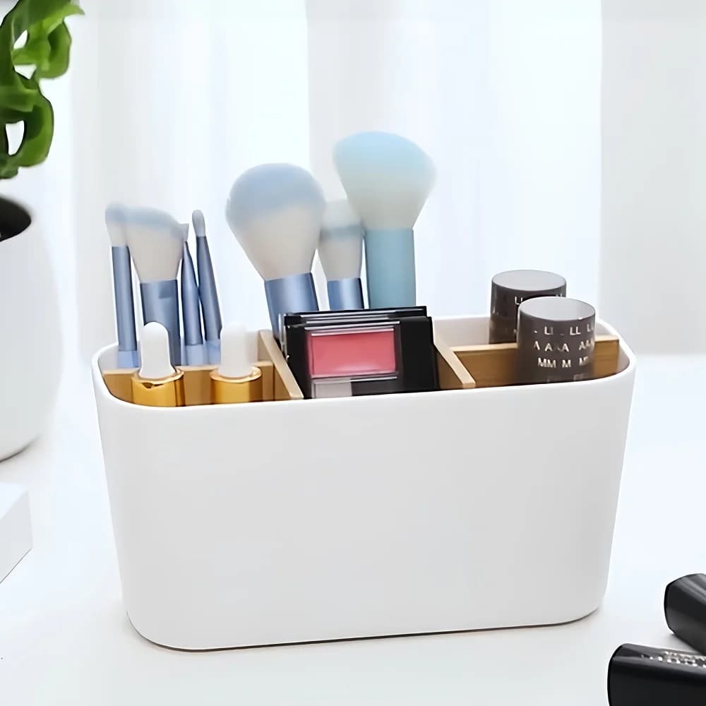 Portaspazzolini in bambù ecologico con scomparti, vassoio portaoggetti multiuso da banco, pratico organizer per strumenti oral care da bagno