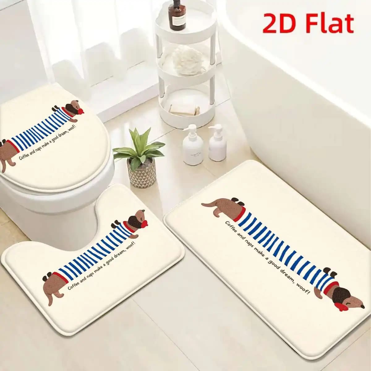Tappetino da bagno a righe color crema per cani Bassotto, antiscivolo, assorbente, con coperchio per WC, in flanella lavabile