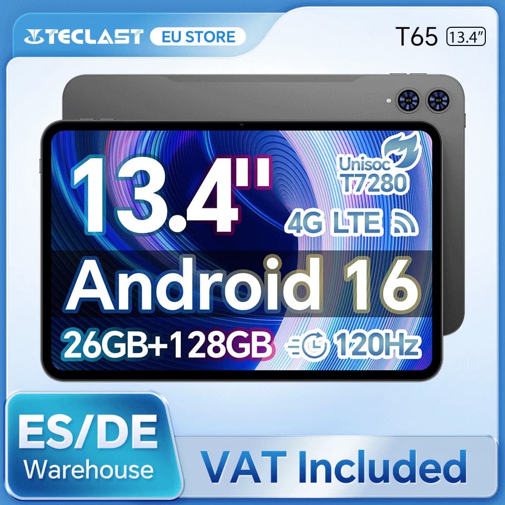 Teclast T65 Tablet Android 16 con Display 13.4" 120Hz, Processore Octa-Core T7280, 26GB RAM (6GB+20GB Espandibili), 128GB ROM, 4G LTE, GPS, Batteria