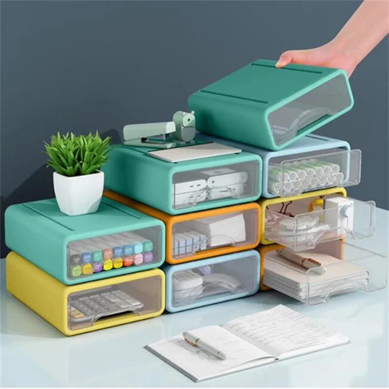 Tipo di cassetto Contenitore di plastica Contenitore impilabile per armadio da scrivania Scatola portaoggetti per cosmetici Portaoggetti per