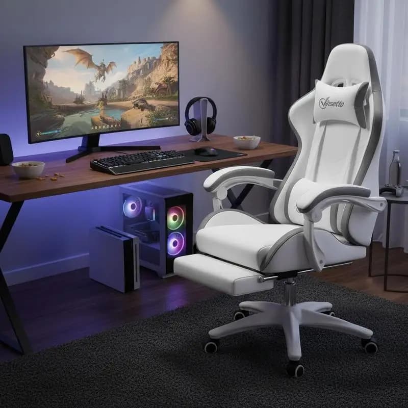 Sedia da gaming ergonomica con schienale reclinabile a 135° °   e supporto lombare, 65 x 65 x 121-129 cm bianco