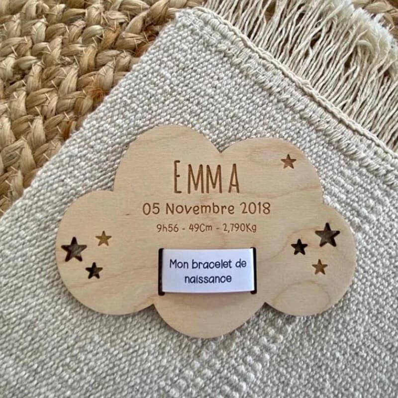 Porta braccialetto di nascita in legno personalizzato, carta souvenir braccialetto di maternità, forma di nuvola, regalo souvenir di nascita del