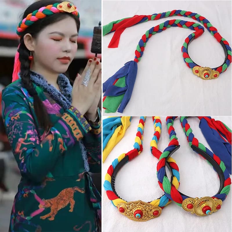 Cinese antico stile tibetano copricapo coda di cavallo parrucca treccia tibetana cerchio per capelli ornamento per capelli tibetani boho etnico sposa