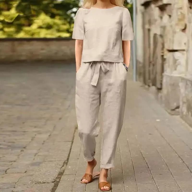 Abito da donna in cotone e lino Abito estivo abbinato Mezze maniche Girocollo Cravatta Pantaloni in vita elastica Pantaloni a gamba larga Abito retrò