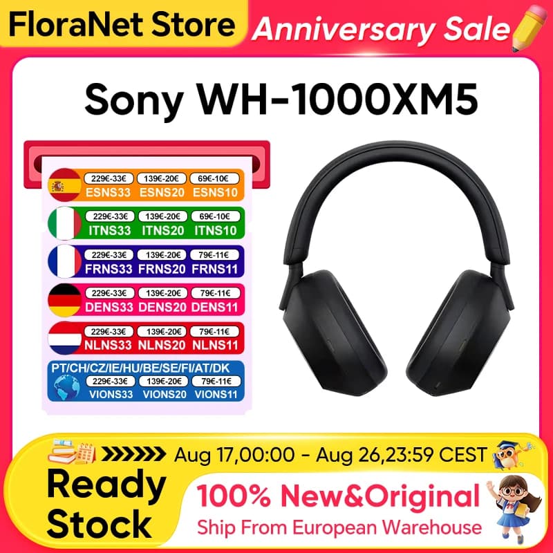 Cuffie originali Sony WH-1000XM5 con cancellazione del rumore, cuffie over-ear wireless Bluetooth 5.2, 30 ore di riproduzione, ricarica rapida con