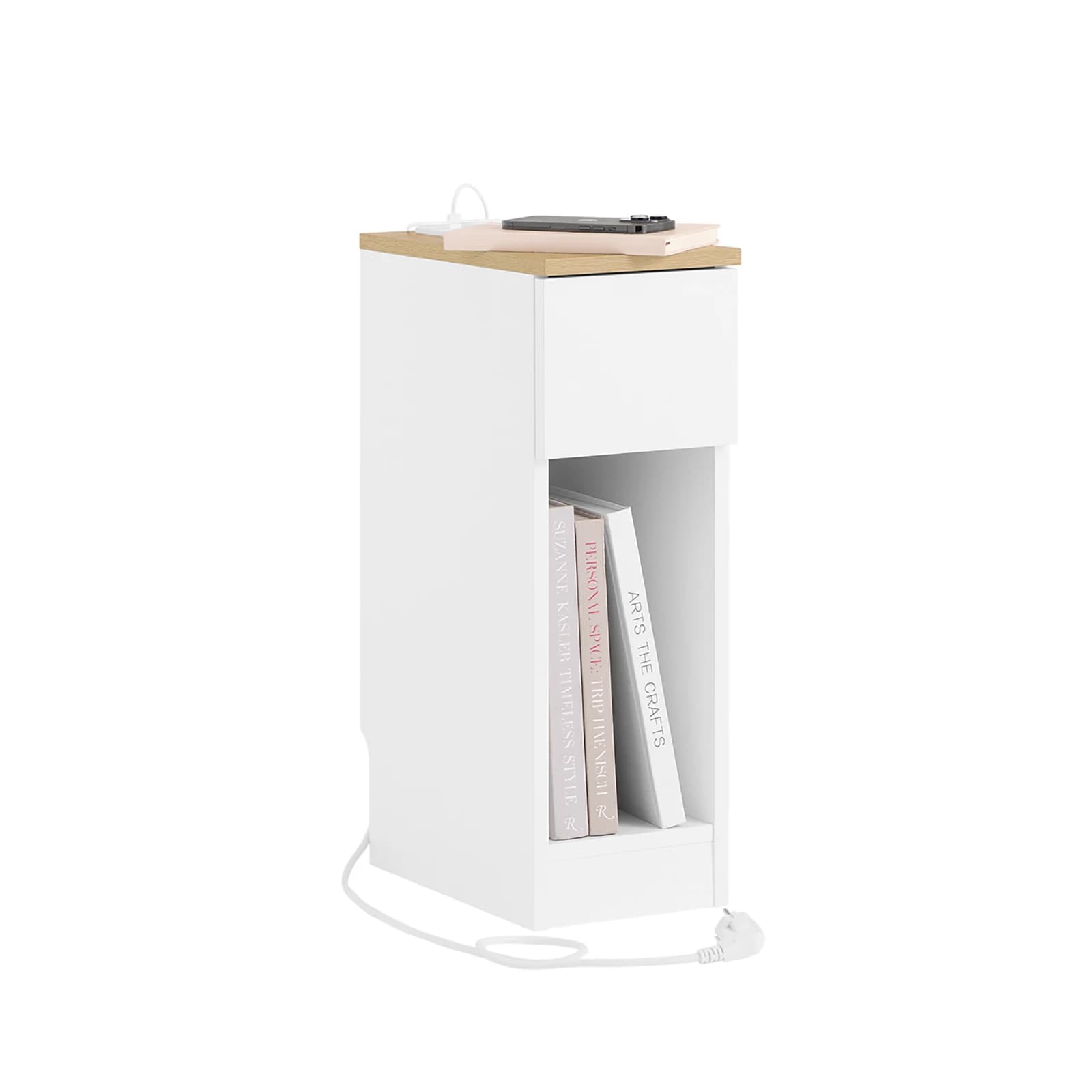 SoBuy FBT111-E-WN Tavolino stretto con presa standard Porta USB Tipo C Connettore per camera da letto soggiorno Bianco