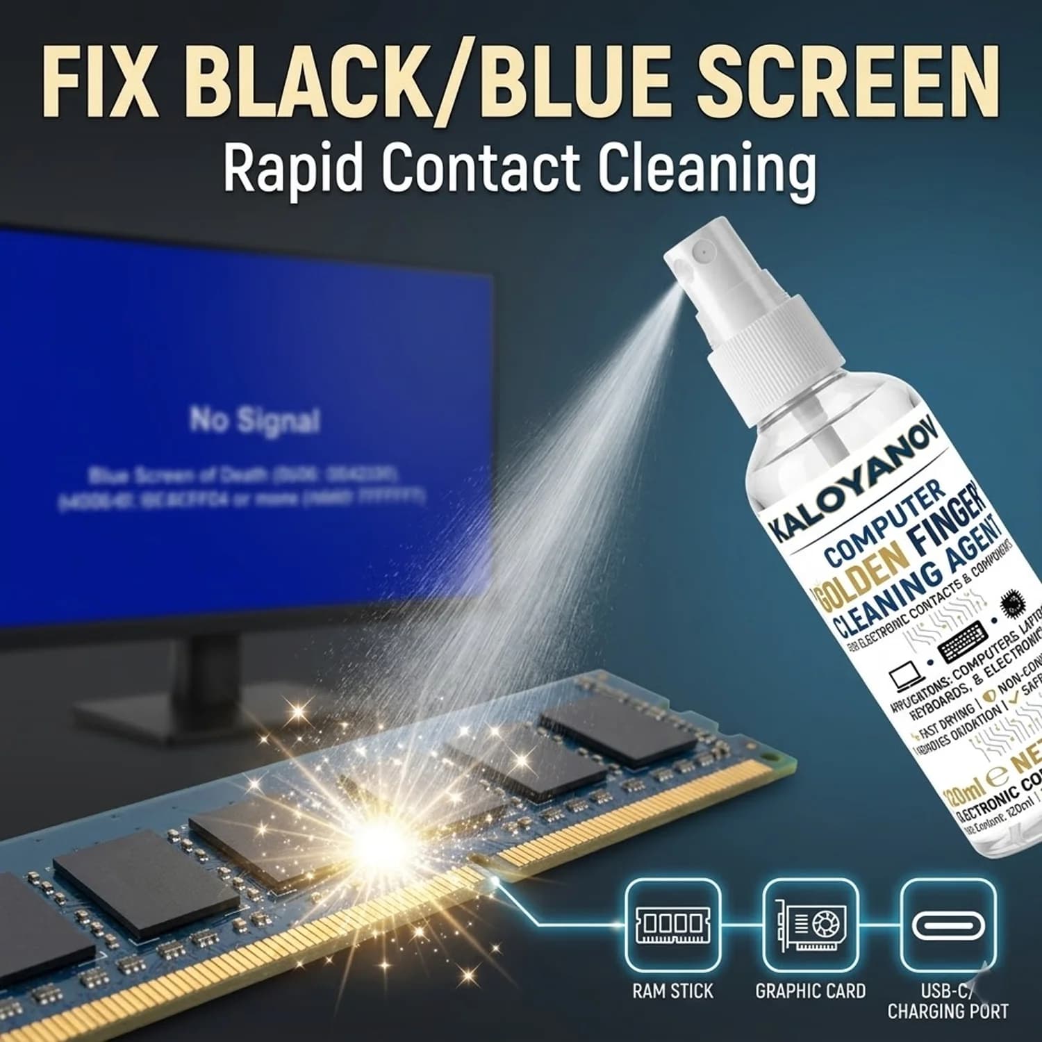 Spray detergente per contatti elettronici Kaloyanov per riparazione di RAM PC, GPU, contatti dorati, schermi neri, porte di telefoni, asciugatura
