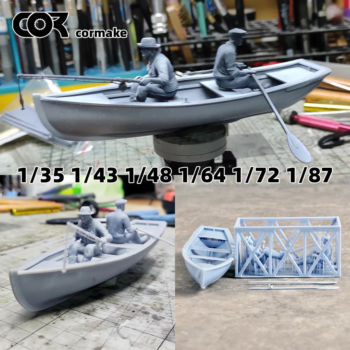 Modellini in Scala, Kit Diorama, Personaggi Pescatori con Barca e Remi, Set 1/35 1/43 1/48 1/64 1/72 1/87 Ho Z