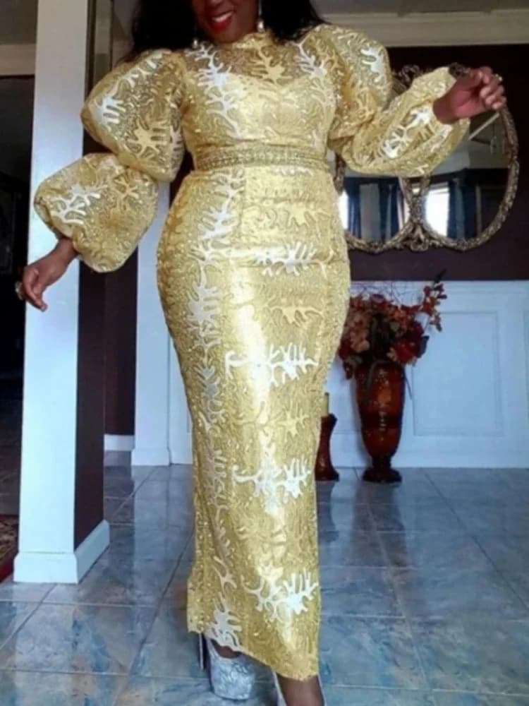 Abiti con paillettes ricamati in oro per le donne Colletto alla coreana Abito longuette di lusso a maniche lunghe con sbuffo carino Abiti da festa