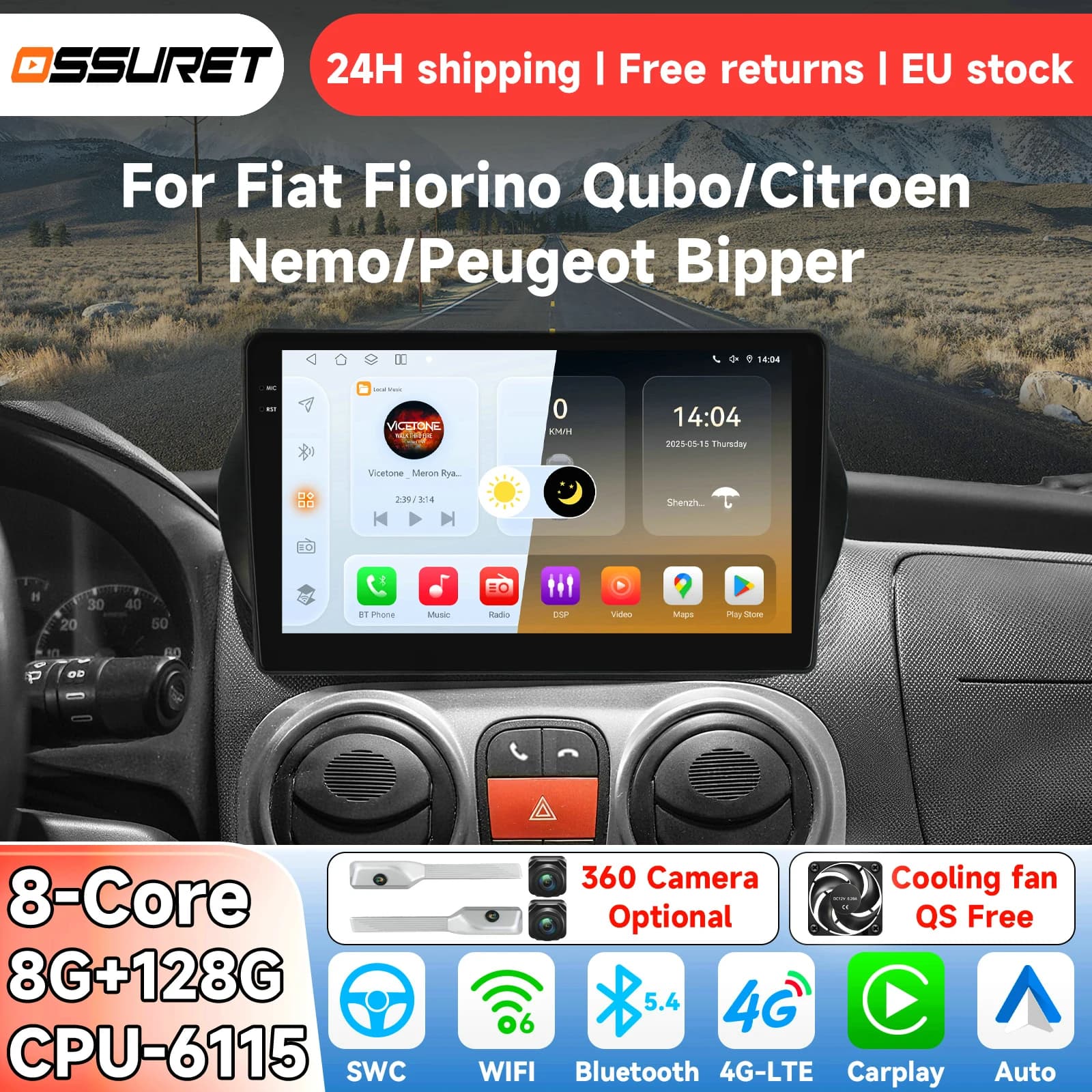 OSSURET Android14 Autoradio per Fiat Fiorino Qubo Citroen Nemo Peugeot Bipper 2008-2017 Sistema intelligente Carplay auto Lettore multimediale video