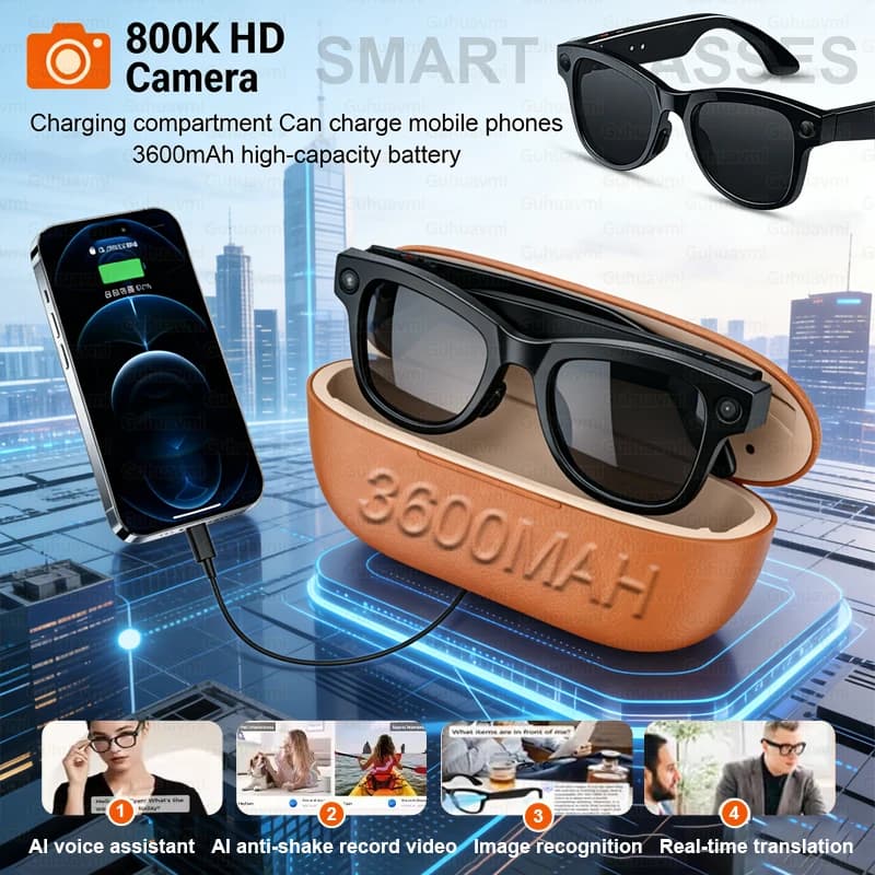 Nuovi Occhiali Intelligenti 2026 con Batteria Grande da 3600mAh, Fotocamera HD da 8MP, Registrazione Video, Riconoscimento Foto AI, Traduzione Vocale,
