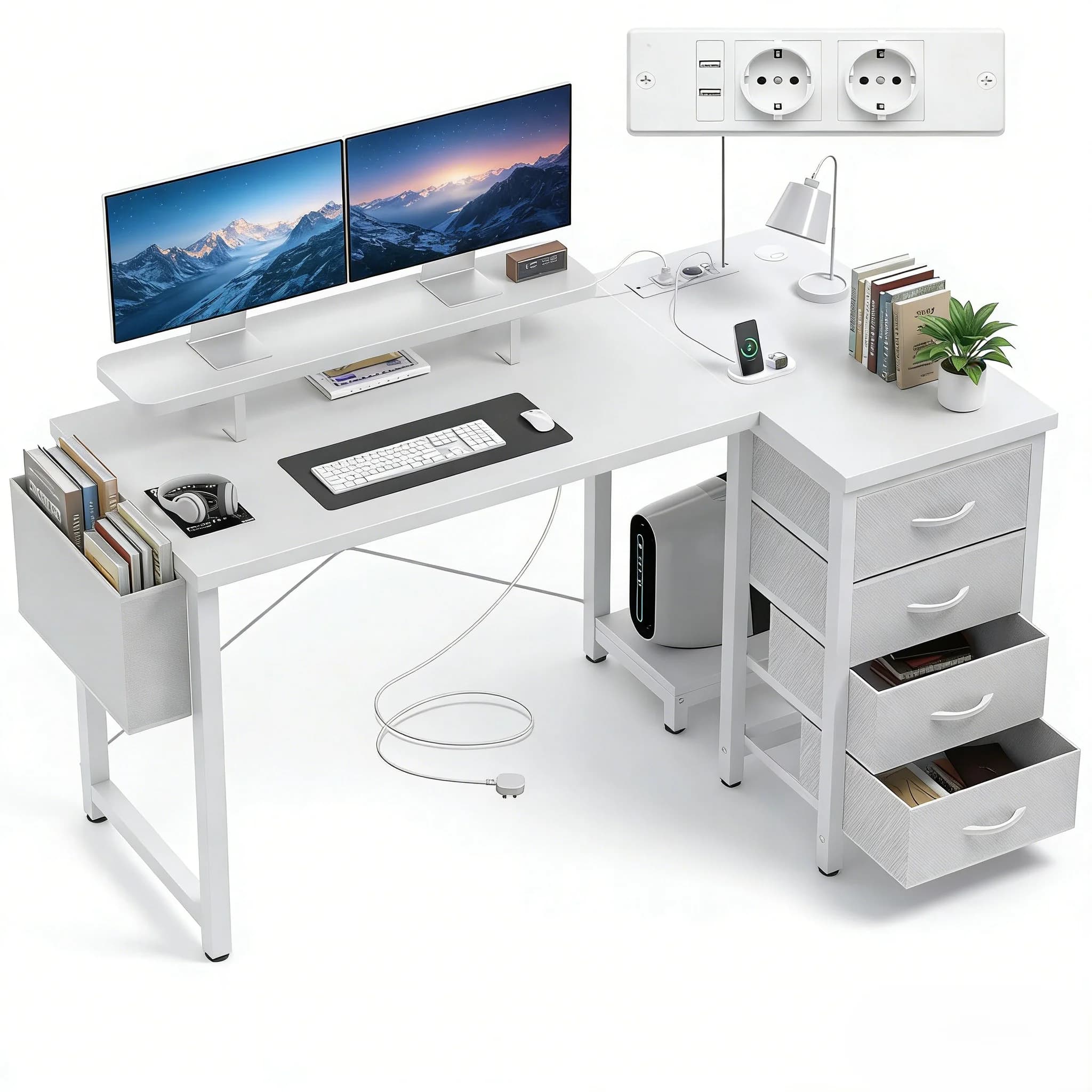 Scrivania a L Claiks con ripiano per monitor per ufficio, scrivania a L con presa e cassetti in tessuto