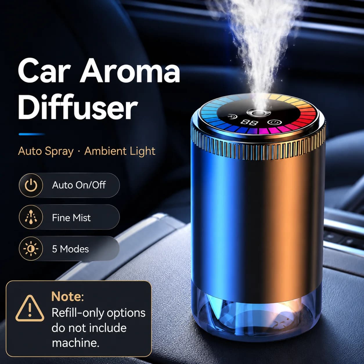 Diffusore di Aromi Intelligente per Auto, Deodorante Ricaricabile, Accensione/Spegnimento Automatico, 5 Modalità, Luce Ambientale Effetto Cielo