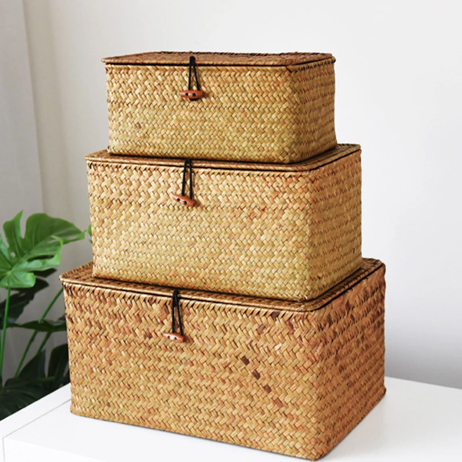 Cesto portaoggetti in vimini Cesto portaoggetti in rattan intrecciato con coperchio Scatola portaoggetti per tessitura in paglia Scatola portaoggetti