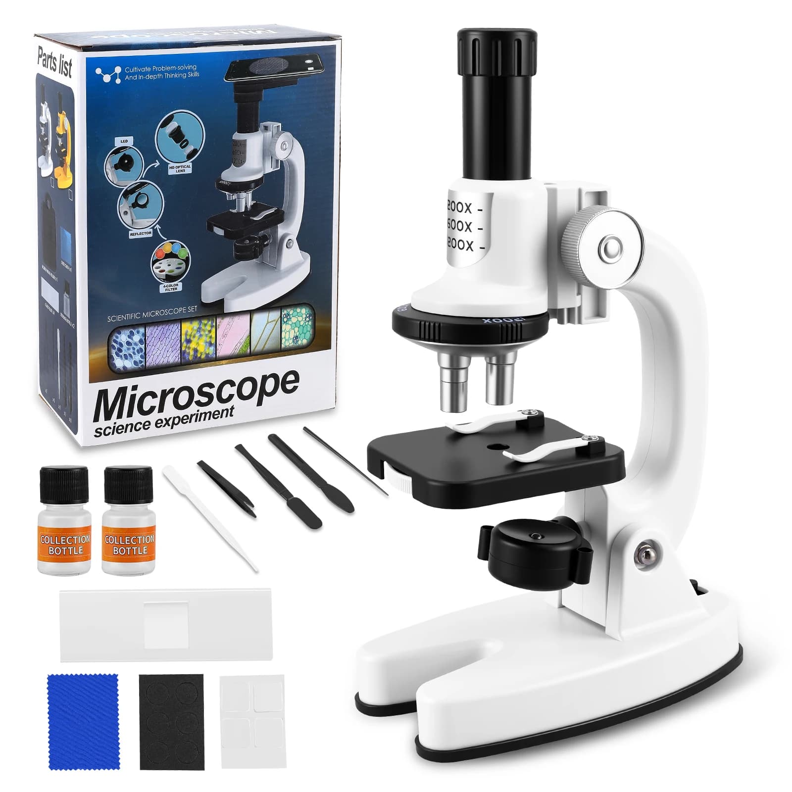 Microscopio per bambini, microscopio per principianti, kit scientifico con ingrandimento 200X-1200X, con supporto per telefono, per bambini,