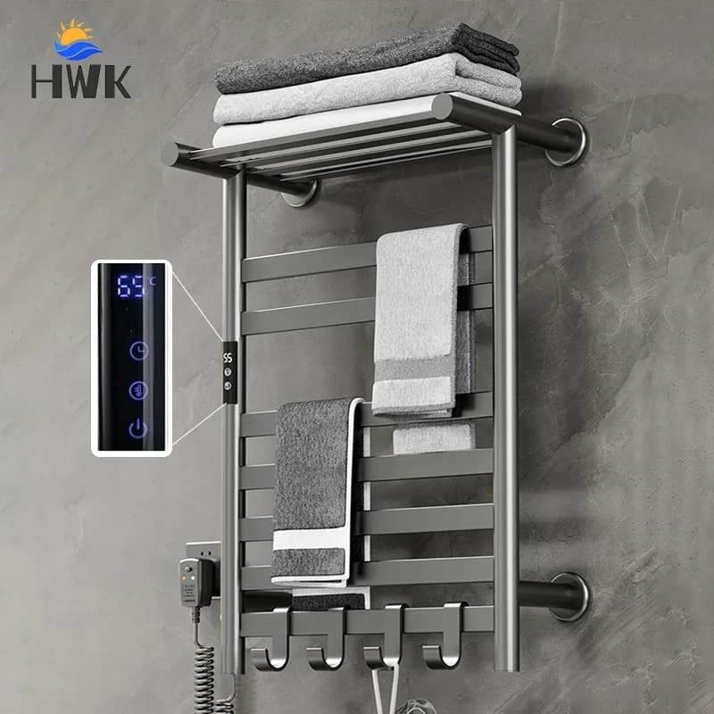 Nero/Bianco/Grigio Asciugamano.Display digitale Portasciugamani elettrico con ripiano.Controllo temperatura bagno Scaldasalviette a tempo.