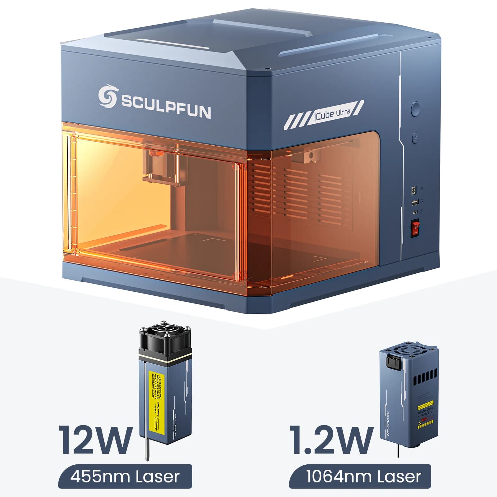 Sculpfun iCube Ultra Diodo da 12 W + Doppi laser a infrarossi da 1,2 W Doppio incisore laser Funzione di messa a fuoco automatica Filtrazione