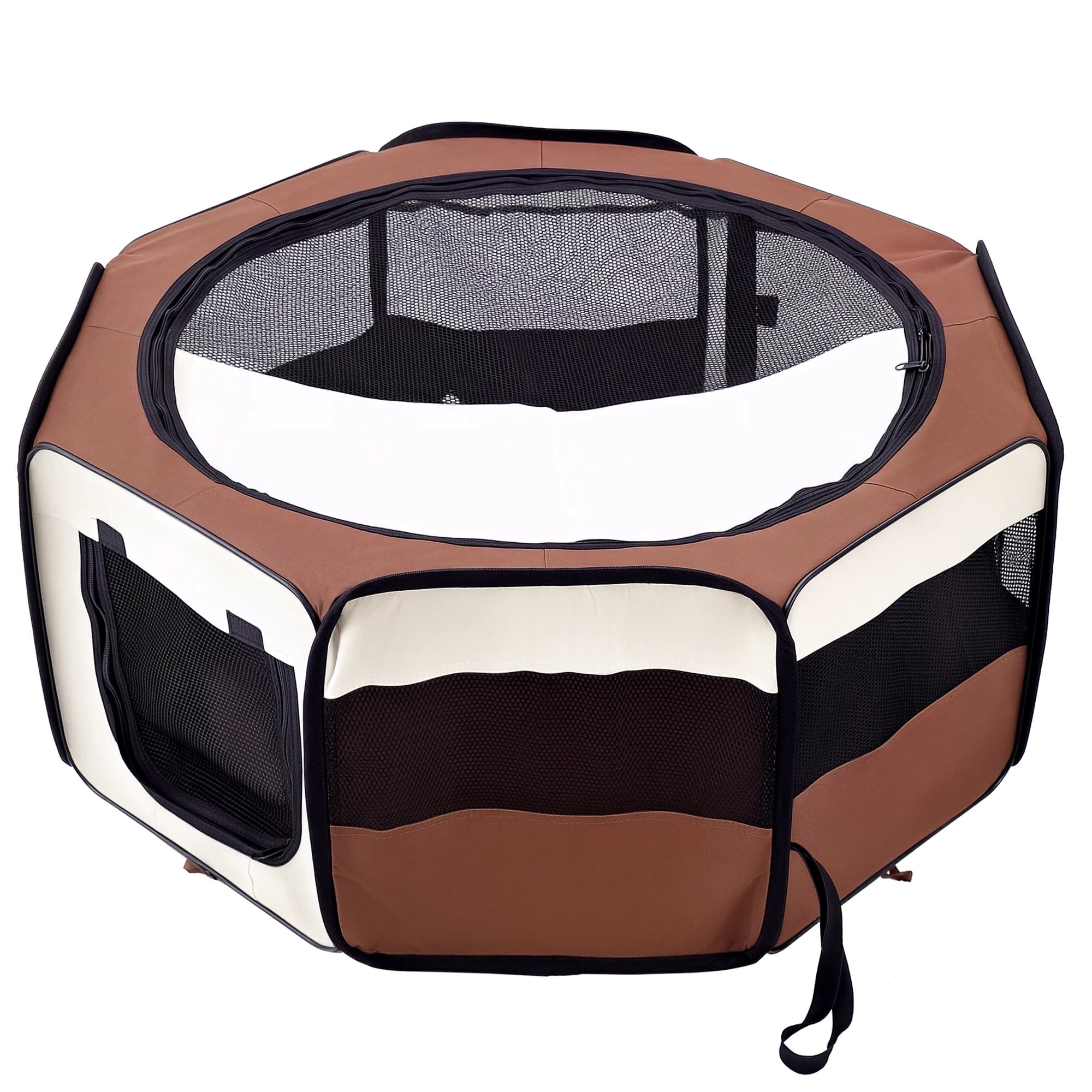 Recinto pieghevole per gatti PawHut Park e piccoli animali in tessuto Oxford e acciaio. Ø 90x41H cm-Marrone beige