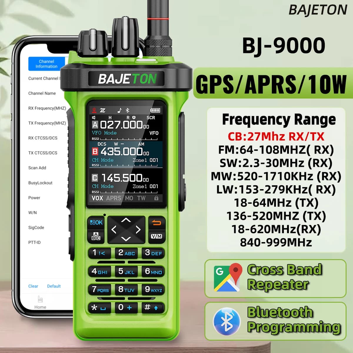 BAJETON BJ-9000 Green Walkie Talkie CB 27Mhz AM/FM/SSB Ripetitore a banda incrociata 10W Tri-power a lungo raggioPer RT-950 RT-950PRO