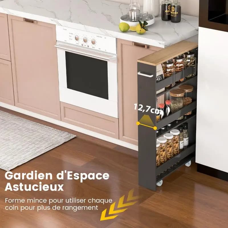 Carrello da cucina a 4 livelli con ruote, in legno con maniglia, 48 x 13 x 81 cm, grigio + naturale