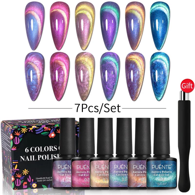 PUENTE 6 pezzi Aurora Shell Thread Cat Set di smalti gel magnetici con magnete Glitter Pearl Cat Eye Gel Soak Off Kit di vernici per nail art